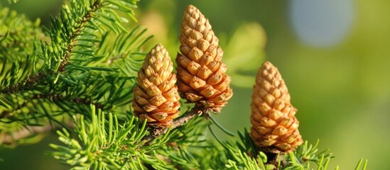 Obraz premium Young Cones Appeared On A Thuja Tree On A Sunny Day In A Summer Park