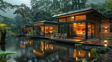 Fototapeta premium Modern wooden cabins on stilts over a still lake in a lush green forest.