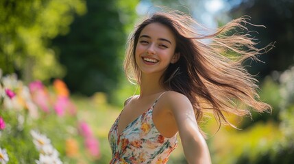 Naklejka premium A joyful young woman with long hair smiles brightly in a vibrant flower garden, showcasing beauty and happiness in nature.