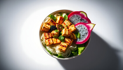 grilled tofu and dragon fruit buddha bowl top view isolated with white highlights, png