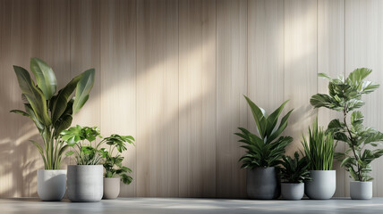 木目調の壁と観葉植物が並ぶ落ち着いた室内