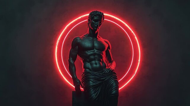 The camera zooms in on the plaster sculpture of the man surrounded with red light of glowing circle. Night at the museum concept. 