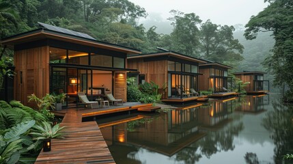 Obraz premium Modern wooden cabins with a lake view, on a wooden deck.