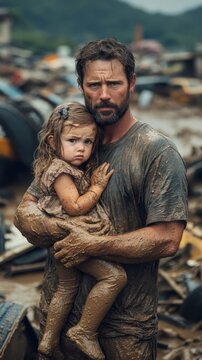 Father holding daughter in mud.