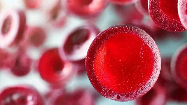 Hematocyte. Blood cells observed under a microscope. Macro red cells. Iron deficiency anemia concept