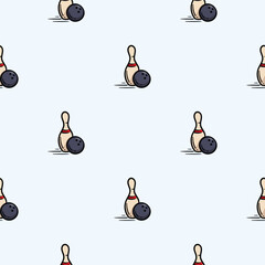 Vector seamless pattern with skittles and bowling ball. Hand drawn background related to board games, leisure, sports and hobbies. Set of icons, signs and symbols