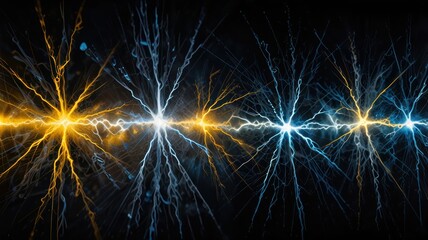 Abstract digital art of blue and yellow electrical lightning bolts on a black background.
