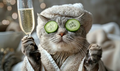 Embracing relaxation, a charming cat in a robe and turban enjoys a rejuvenating spa day, complete with cucumber slices over its eyes and champagne in paw