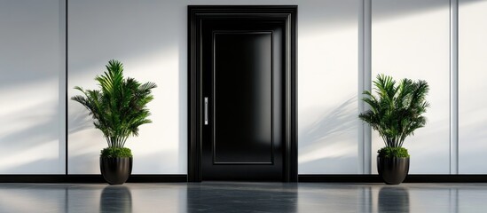 Home entrance featuring a modern black framed door against a clean white wall backdrop interior decor