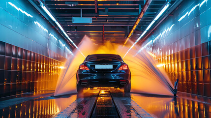 A car is being washed in a car wash tunnel. 