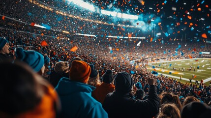 A vibrant crowd celebrating in a stadium, with colorful confetti falling in slow motion during a sports event