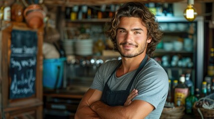 Fototapeta premium Portrait of a smiling man with arms crossed wearing an apron, standing in a cafe.