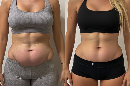 A before and after comparison of a woman's abdomen showing significant weight loss progress and body transformation
