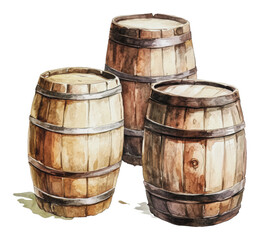 Obraz premium PNG Three rustic wooden barrels arranged on a surface