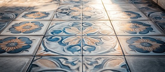 Installation process of ceramic tiles on a floor surface showcasing craftsmanship and home improvement techniques