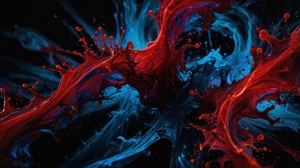 Red and blue paint splatters against a black background, creating a dynamic and abstract composition.