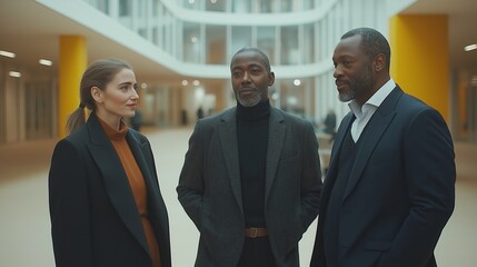 A diverse group of three business professionals engaged in conversation in a modern office environment