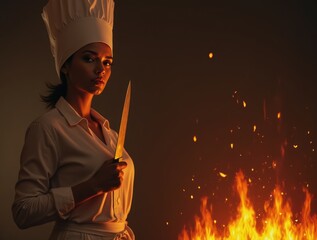 Chef Woman Holding a Large Knife in Front of a Fiery Background, Showcasing Culinary Expertise and Passion with Space for Text and Branding.

