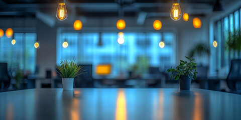 Modern workspace with illuminated bulbs and plants during twilight hours