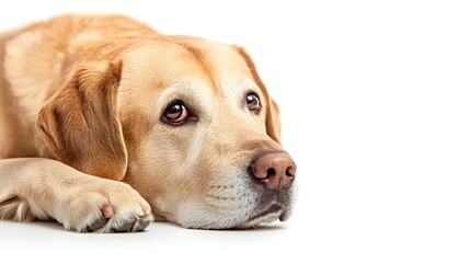 labrador retriever dog resting on a white background, copy space 
