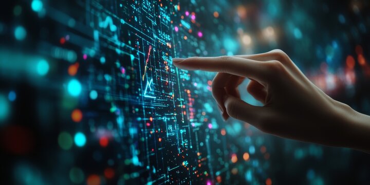 Close-up of a teacher's hand pointing to a digital screen displaying a math equation with colorful data visualizations