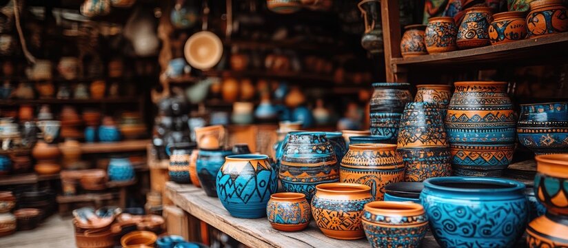 Handcrafted pottery displayed in a vibrant artisan shop showcasing unique artistic designs