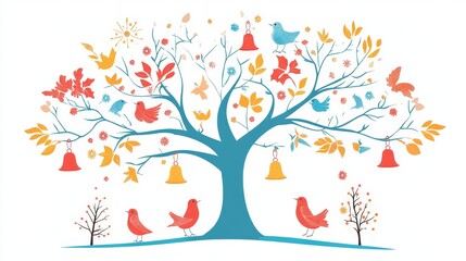 Fototapeta premium A decorative tree with colorful ribbons, bells, and various birds and leaves, set against a white background