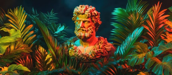 Fototapeta premium Indoor garden composition featuring diverse plants and artistic plaster sculptures jungle inspired design aesthetic