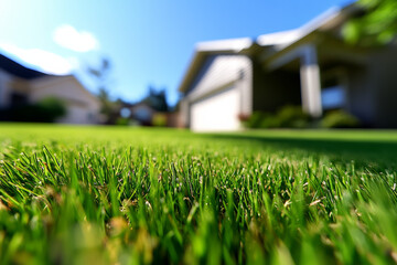 Fototapeta na wymiar Lush green lawn in a suburban neighborhood under a bright blue sky
