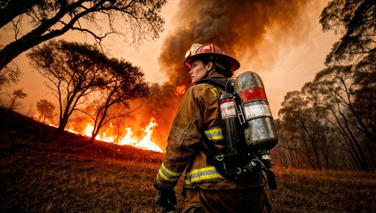 Back view of young adult Caucasian female firefighter in protective gear with oxygen tank and serious expression observing wildfire in forest, prepared to take action. Wide medium shot with low angle