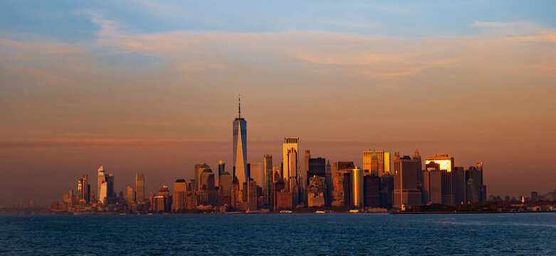World Trade Center skyline. One World Trade Center. WTC memorial. New York City skyscrapers. Freedom Tower.