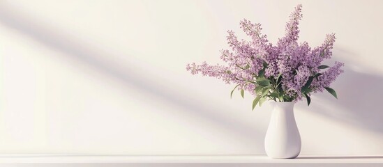 Fresh lilac flowers elegantly arranged in a white vase against a clean white wall backdrop perfect for floral decor or spring themed designs