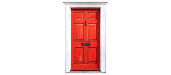Fototapeta premium Front view of a vibrant red door isolated against a clean white background showcasing bold color contrast and design elegance