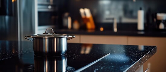 Kitchen scene featuring a pot on a ceramic stovetop with a sleek black granite counter ideal for culinary displays
