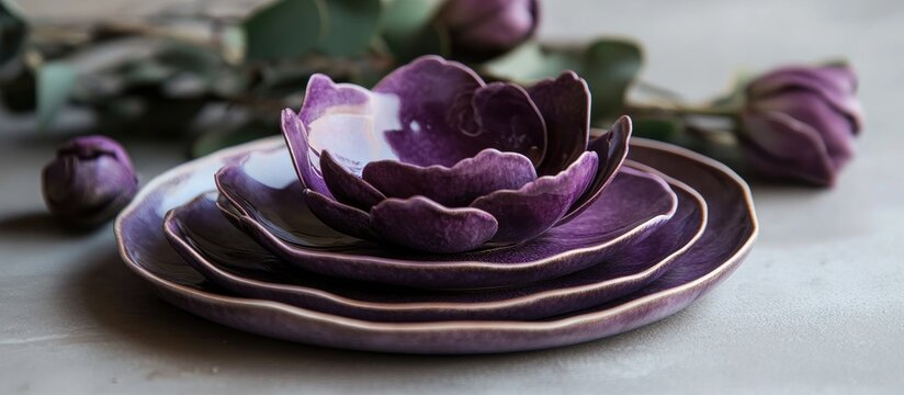 Flat shaped flower bud tableware in vibrant purple hues ideal for elegant dining settings