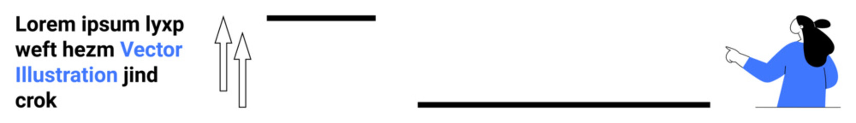 Businesswoman in blue pointing at data, upward arrows and placeholder text. Ideal for presentations, corporate reports, data analysis, growth metrics, educational materials, marketing plans