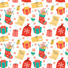Christmas gifts pattern. Seamless vector illustration with gift boxes, Xmas stockings, presents and lollipops. Colorful festive Xmas background with simple holiday elements. Flat and doodles