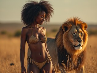 African Woman Standing Proudly Next to a Lion, Embracing the Wild Spirit of Nature, the King of the Jungle, and Reggae Vibes.

