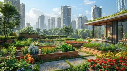Fototapeta premium Rooftop garden with city skyline in background.