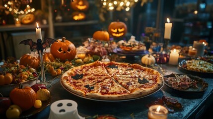 Fototapeta premium Halloween Feast with Pizza and Pumpkins: A Spooky Delight for Parties and Gatherings