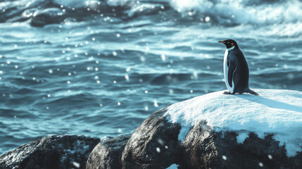 Obraz premium A lone penguin standing proudly on a snow-covered rock by the sea