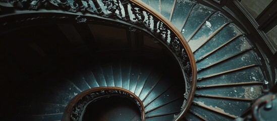 Fototapeta premium Historic spiral staircase adorned with intricate wooden carvings evoking charm and architectural elegance