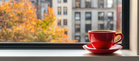 Freshly brewed black coffee in a vibrant red cup on an apartment window sill perfect for morning relaxation