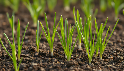 Young green onion sprouts growing in field isolated with white highlights, png