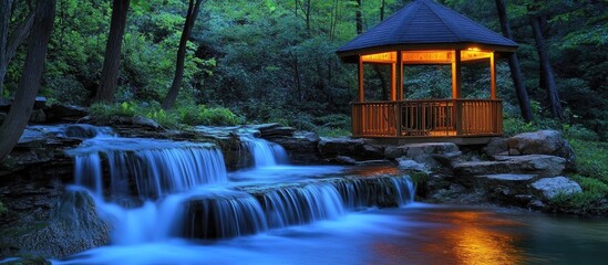 Fototapeta premium Illuminated gazebo surrounded by cascading waterfall and smooth flowing water tranquil garden retreat