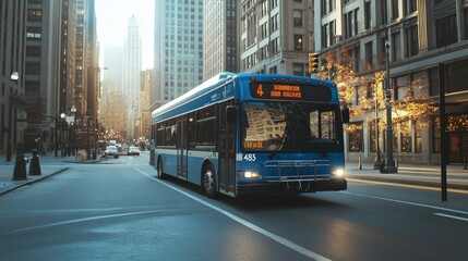 Obraz premium Blue city bus against urban backdrop features a large white space primed for advertising or branding.