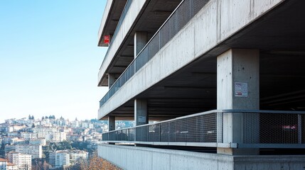 Urban Concrete Parking Structure Overlooking Cityscape with Clear Blue Sky in the Background