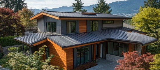 Fototapeta premium Innovative roof design featuring modern angles and sustainable materials for energy efficient architecture