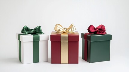 Obraz premium Three elegant Christmas gift boxes in festive colors arranged on a minimalist white background for a stylish holiday decoration