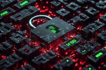 An open padlock surrounded by black computer keys with green glowing letters,...